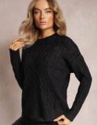 wool fashion Pulover Negru cu guler rotund și torsade cu luciu Dawnitta