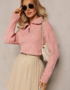 wool fashion Pulover Roz cu decolteu în V și împletitură decorativă Travissa