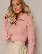 wool fashion Pulover Roz cu decolteu în V și împletitură decorativă Travissa