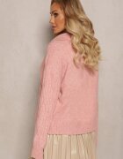 wool fashion Pulover Roz cu decolteu în V și împletitură decorativă Travissa