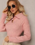 wool fashion Pulover Roz cu decolteu în V și împletitură decorativă Travissa