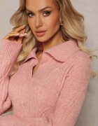 wool fashion Pulover Roz cu decolteu în V și împletitură decorativă Travissa