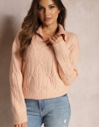wool fashion Pulover rozaliu deschis cu decolteu în V și cu o împletitură decorativă Travissa