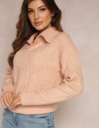 wool fashion Pulover rozaliu deschis cu decolteu în V și cu o împletitură decorativă Travissa