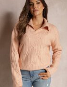 wool fashion Pulover rozaliu deschis cu decolteu în V și cu o împletitură decorativă Travissa