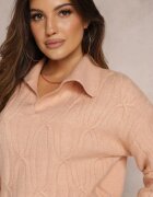 wool fashion Pulover rozaliu deschis cu decolteu în V și cu o împletitură decorativă Travissa