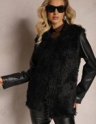 wool fashion Vestă Neagră De Blană cu Curea Legată Theo