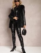 wool fashion Vestă Neagră De Blană cu Curea Legată Theo
