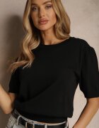 yu & me Bluză Neagră Tricotată cu Viscoză cu Umeri Ușor Bufanți Afevia