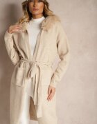 yu & me Cardigan Bej cu Lână Legat în Talie cu Glugă cu Blană Detașabilă Besiyana