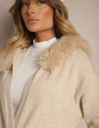 yu & me Cardigan Bej cu Lână Legat în Talie cu Glugă cu Blană Detașabilă Besiyana