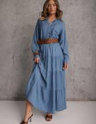 yu & me Fustă Albastră Cloș din Lyocell High Waist decorată cu volane Ravienne