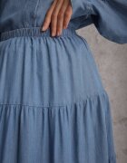 yu & me Fustă Albastră Cloș din Lyocell High Waist decorată cu volane Ravienne