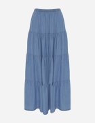 yu & me Fustă Albastră Cloș din Lyocell High Waist decorată cu volane Ravienne