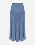 yu & me Fustă Albastră Cloș din Lyocell High Waist decorată cu volane Ravienne