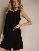 yu & me Fustă-Pantaloni scurți Neagră din In și Bumbac cu Pliu Decorativ Sallera