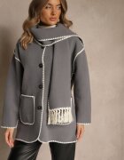 yu & me Geacă Gri Oversize cu eșarfă și cusături decorative Claritila