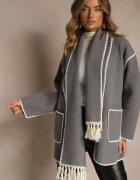 yu & me Geacă Gri Oversize cu eșarfă și cusături decorative Claritila
