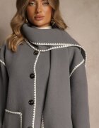 yu & me Geacă Gri Oversize cu eșarfă și cusături decorative Claritila