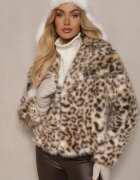 yu & me Jachetă Bej Imitație de blană cu Imprimeu Leopard cu Guler Lat Nalorienne