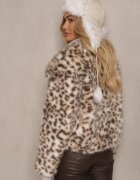 yu & me Jachetă Bej Imitație de blană cu Imprimeu Leopard cu Guler Lat Nalorienne