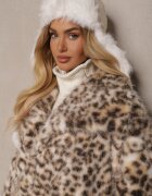 yu & me Jachetă Bej Imitație de blană cu Imprimeu Leopard cu Guler Lat Nalorienne