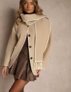 yu & me Jachetă Bej Oversize cu Eșarfă și Cusături Decorative Claritila