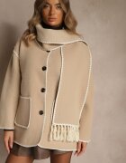 yu & me Jachetă Bej Oversize cu Eșarfă și Cusături Decorative Claritila