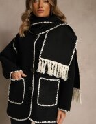 yu & me Jachetă Neagră Oversize cu Eșarfă și Cusături Decorative Claritila