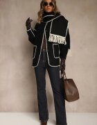 yu & me Jachetă Neagră Oversize cu Eșarfă și Cusături Decorative Claritila