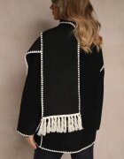 yu & me Jachetă Neagră Oversize cu Eșarfă și Cusături Decorative Claritila