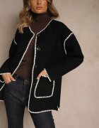 yu & me Jachetă Neagră Oversize cu Eșarfă și Cusături Decorative Claritila