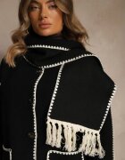 yu & me Jachetă Neagră Oversize cu Eșarfă și Cusături Decorative Claritila