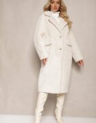 yu & me Palton Alb din Blană cu Nasturi și Buzunare Laterale Paritha