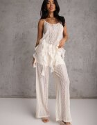 yu & me Set Eteric Bej cu Dantelă și Volane Top și Pantaloni Wide Leg Pretilaine
