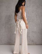yu & me Set Eteric Bej cu Dantelă și Volane Top și Pantaloni Wide Leg Pretilaine