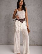 yu & me Set Eteric Bej cu Dantelă și Volane Top și Pantaloni Wide Leg Pretilaine