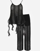 yu & me Set Eteric Negru cu Dantelă și Volane Top și Pantaloni Wide Leg Pretilaine