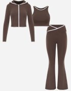 yu & me Set fitness: pantaloni flare hanorac și top cu paspoal decorativ Quintela Maro