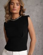 yu & me Top Negru din Vascoză fără Mâneci cu Bureței la Umeri și Lanț Brizeli