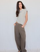 Stradivarius B06 Tricou Cu Umăr Căzut Și Dungi Kaki L