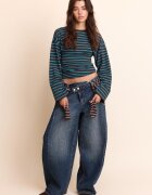 Stradivarius B11 Tricou Cu Mânecă Lungă Cu Dungi Și Talie Ajustată Albastru S