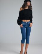 Stradivarius Blugi Capri Efect Prespălat Denim Albastru Mediu 40