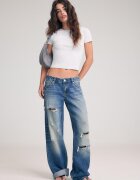 Stradivarius Blugi Drepți Cu Talie Joasă Și Rupturi Efect Prespălat Denim Albastru Mediu 34