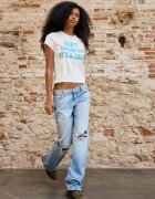 Stradivarius Blugi Drepți Cu Talie Joasă Și Rupturi Efect Prespălat Denim Albastru Mediu Deschis 44