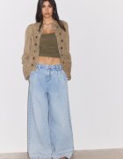 Stradivarius Blugi Largi Cu Pense Efect Prespălat Denim Albastru Mediu Deschis 42