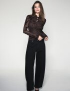 Stradivarius Bluză Cu Mânecă Lungă Tul Flocat Și Brandenburg Albastru Marin Xs