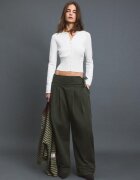 Stradivarius Cardigan Cambrat Cu Guler Cu Bandă Ecru S