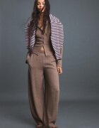 Stradivarius Cardigan Din Tricot Cu Guler Cu Bandă Maro L