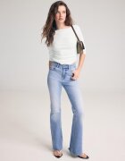 Stradivarius D74 Blugi Evazați Elastici Cu Șliț Efect Prespălat Denim Albastru Mediu Deschis 40